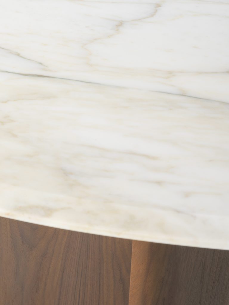 Pinnacle table detail, walnut wood and marble